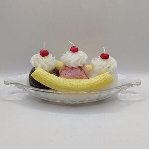 Faux Banana Split Candle Chocolate Vanilla And Strawberry In Glass Dessert Dish